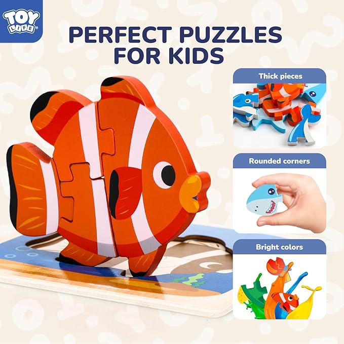 TOY Life Wooden Puzzles for Toddlers 2-4, Sea Animals Toddler Puzzles, Puzzles for Toddlers 1-3, Wood Puzzles Educational Montessori Toys Gifts for 1 2 3 Year Old, Baby Puzzles Kids Learning Toy