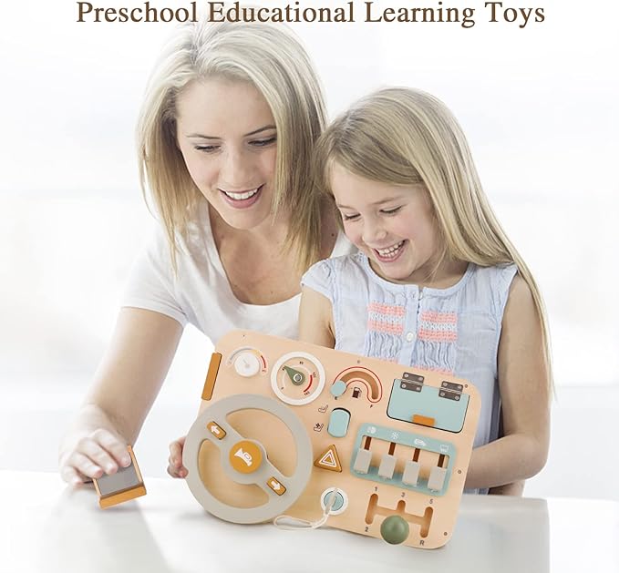 Wooden Montessori Steering Wheel Sensory Activity Board for 1-4 Year Olds, Fine Motor Skills, Travel Busy Board Educational Toys for Boys and Girls