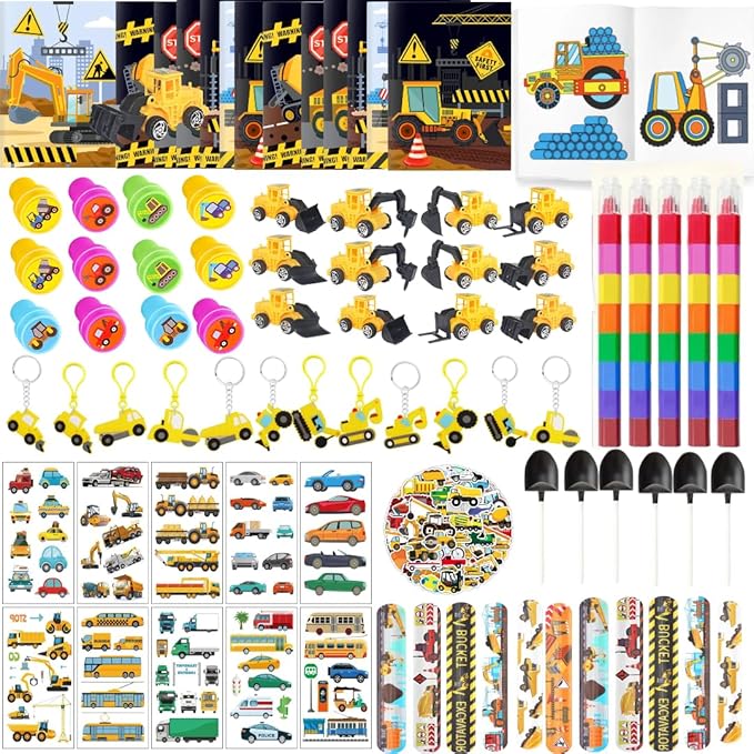 156Pcs Consrtuction Coloring Books with Crayons Bulk Truck Car Vehicle for Toddlers Kids 3-5 4-8 Tattoo Stickers Stamper Slap Bracelets School Classroom Gift Reward Goodie Bags Birthday Supplies