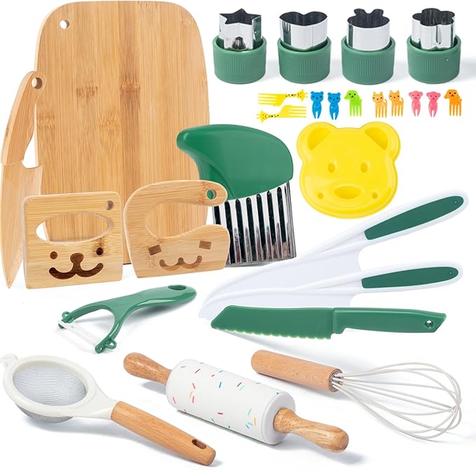 18 PCS Kids Cooking Sets Real, Montessori Kitchen Tools for Toddlers, Cooking & Baking Set for Kids Little Chefs, Toddler Knife Set, Crinkle Cutter, Cutting Board