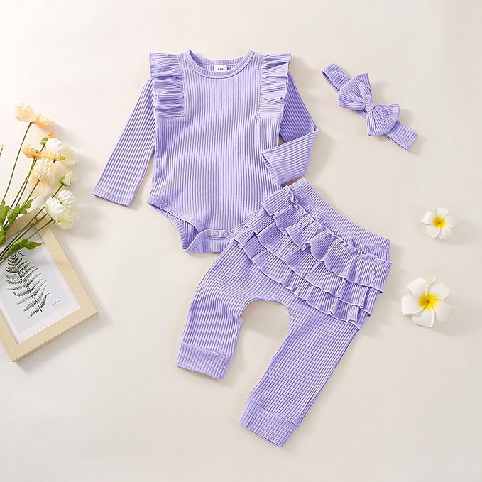 Baby Girl Clothes Newborn Infant Fall Winter Outifts Ribbed Ruffle Long Sleeve Romper Pant Outfit Set 3pcs 0-18Months