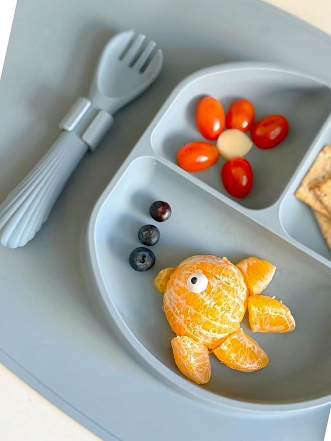 Silicone Suction Plate, Baby Toddler, Divided Plate with Fork & Spoon - Unbreakable, Non-Toxic, Food Grade Silicone, Strong Suction Grip, Spill Proof & Foldable for Travel!