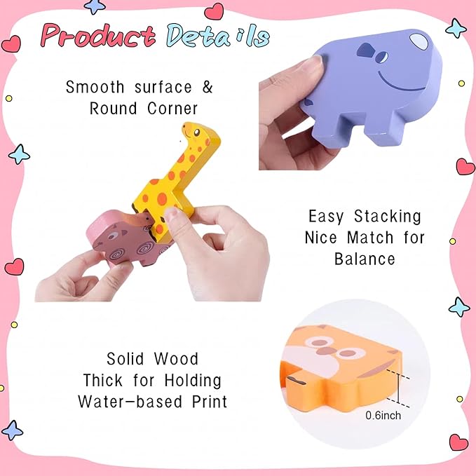 Toddler Toys Wooden Animal Blocks - Sorting & Stacking Montessori Toys for 3 4 Year Old Boys Girls, 10Pcs Wood Blocks with Storage Bag, Kids Educational Puzzle Balance Toys Birthday