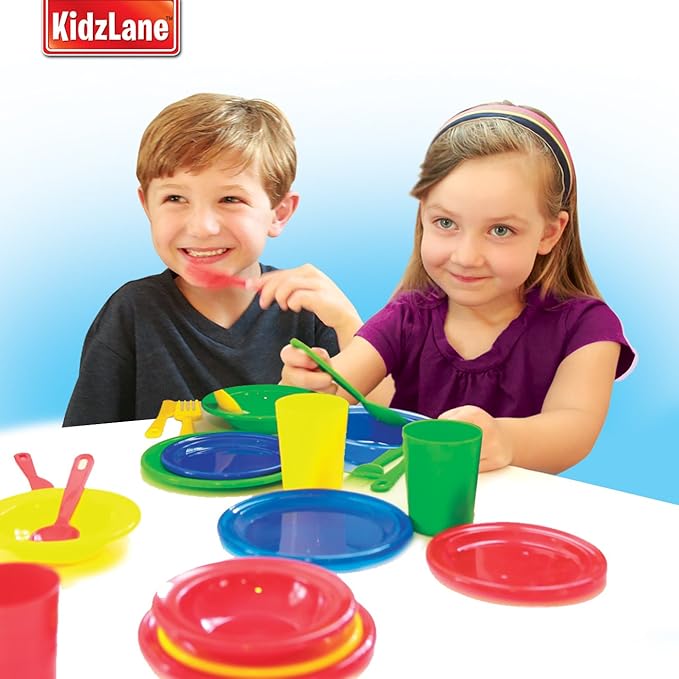 Kidzlane Kids and Toddler Dishes - Kids Play Kitchen Accessories Set - Dishwasher Safe Plastic Play Dishes - Kitchen Toys - Toy Plates and Dishes for Kids Kitchen Set
