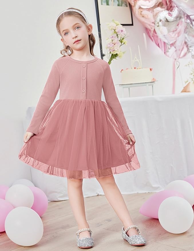 Arshiner Toddler Girls Tutu Dress Long Sleeve Fall Winter Button Front Party Tulle Dresses 2-8Y