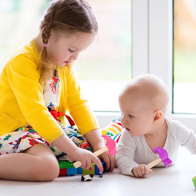 2 Pack Wooden Hammer Toys Simulation Hammers Maintenance Tools Educational Toys for Kids Birthday Party Games Supplies (Purple + Rose Red)