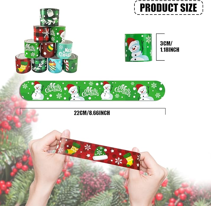 KIMOBER 48PCS Christmas Slap Bracelets,Assorted Snap Wristbands with Xmas Elements for Kids Party Favors