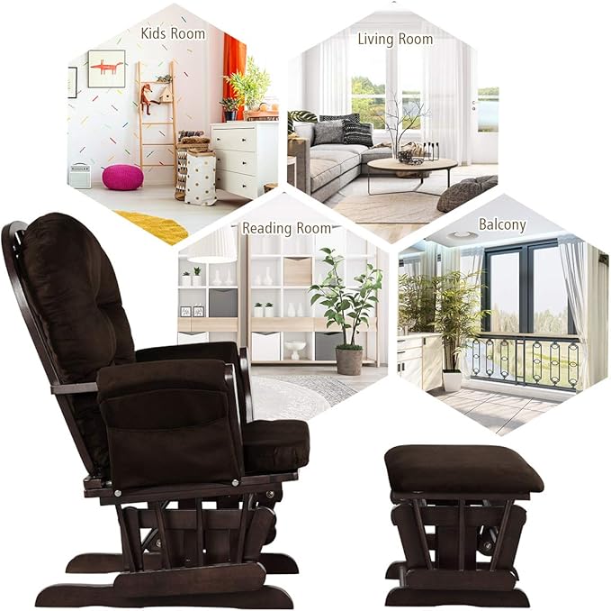 Costzon Nursery Glider with Ottoman, Upholstered Comfort Glider Rocker with Padded Cushion, Storage Pocket, Solid Wood Base, Rocking Chair Nursery for Breastfeeding, Maternity, Napping (Brown)