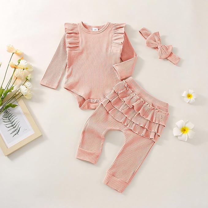 Baby Girl Clothes Newborn Infant Fall Winter Outifts Ribbed Ruffle Long Sleeve Romper Pant Outfit Set 3pcs 0-18Months