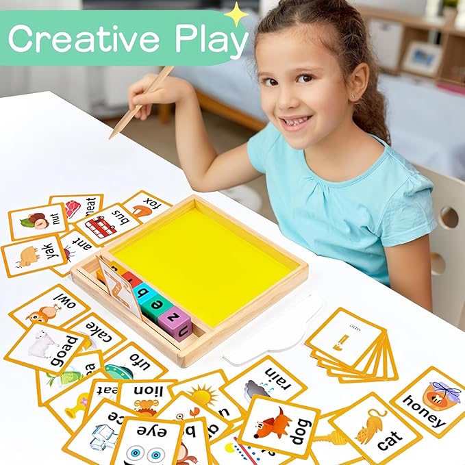 Wooden Sand Writing Tray β Educational Sand Tray for 3 Year Old Kids with Cards, Blocks & Pen β Trace Letters, Numbers & Draw β Perfect Preschool & Classroom Gift.