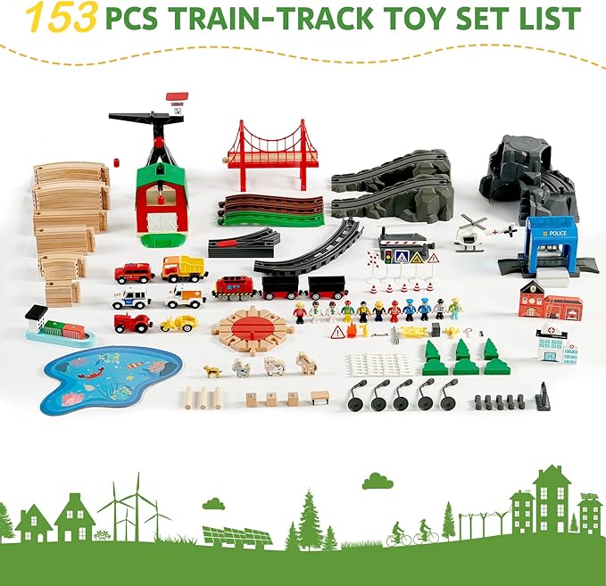 153pcs Wooden Train Set, Toy Train for Boys & Girls, 6 Themed Scenarios Wooden Train Track for Toddlers & Kids, Ideal Easter Birthday Gift Toy for Kids, Compatible with Major Brands