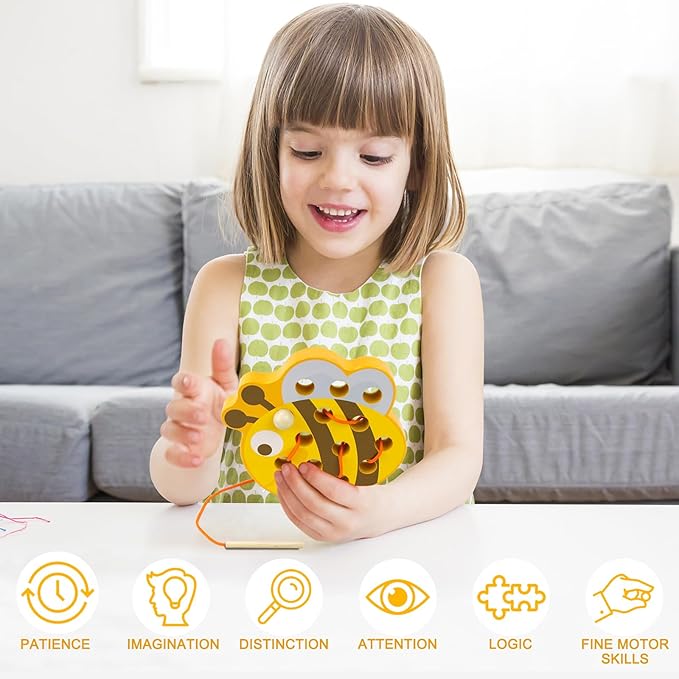 Sealive Wooden Lacing Toys for Toddlers - Fun and Educational Threading Set | Develop Fine Motor Skills | Durable Montessori Toy for Travel (Bee)