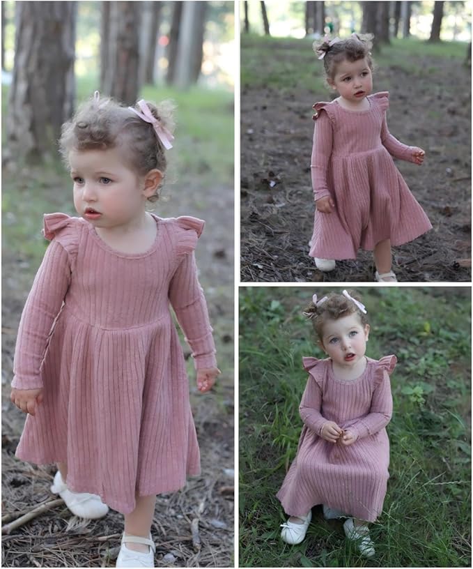 Arshiner Toddler Girl Dress Baby Girls Knitted Ruffle Sleeve Pocket Dresses A-Line Flared Fall Winter Clothes for 2-8 Years