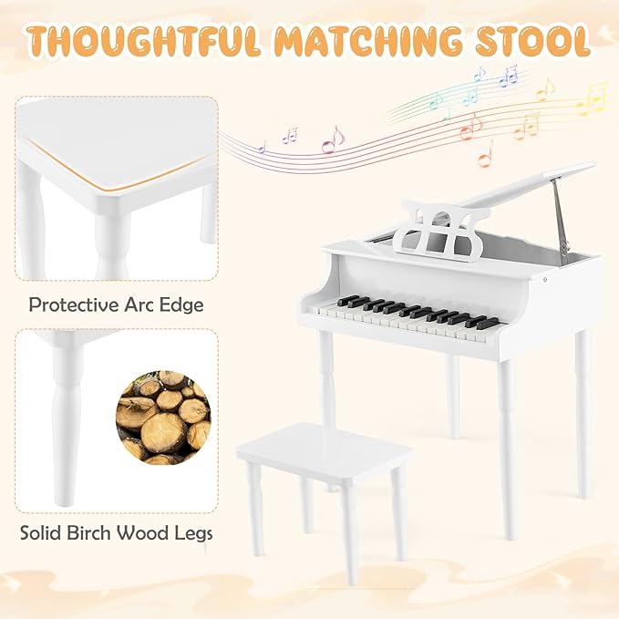 Goplus 30-Key Classical Kids Piano, Mini Grand Piano Wooden Learn-to-Play Musical Instrument Toy with Bench, Piano Lid, Music Rack, Gift for Boys Girls Aged 2+ Baby Toddler(4 Straight Leg-White)