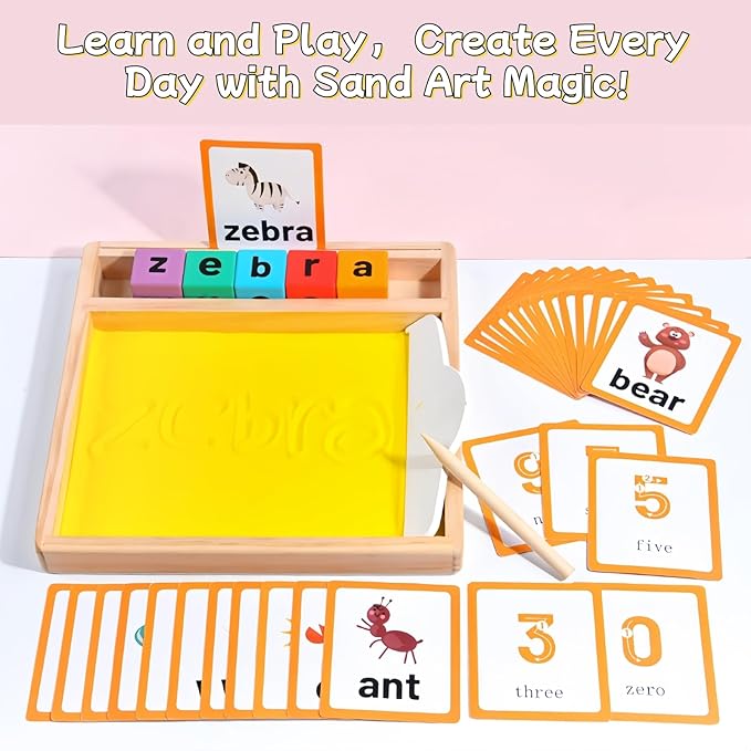 Wooden Sand Writing Tray β Educational Sand Tray for 3 Year Old Kids with Cards, Blocks & Pen β Trace Letters, Numbers & Draw β Perfect Preschool & Classroom Gift.