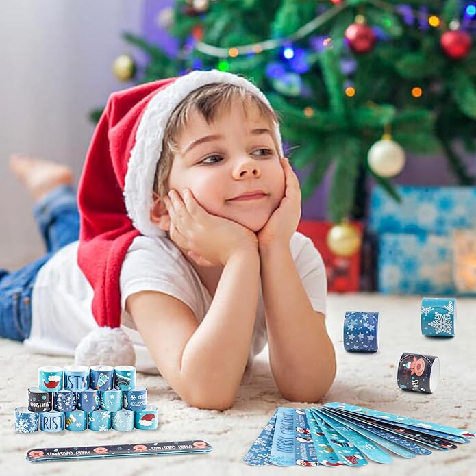 KIMOBER 48PCS Christmas Slap Bracelets,Assorted Snap Wristbands with Xmas Elements for Kids Party Favors