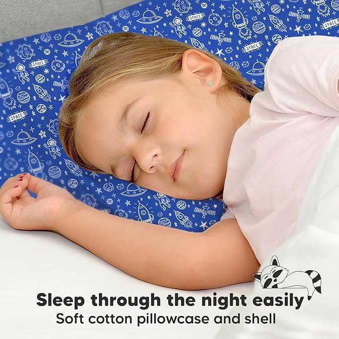 Toddler Pillow with Pillowcase - 13x18 My Little Dreamy Pillow, Organic Cotton Toddler Pillows for Sleeping, Kids Pillow, Travel Pillows,Mini Pillow,Nursery Pillow,Toddler Bed Pillow (Off to Space)