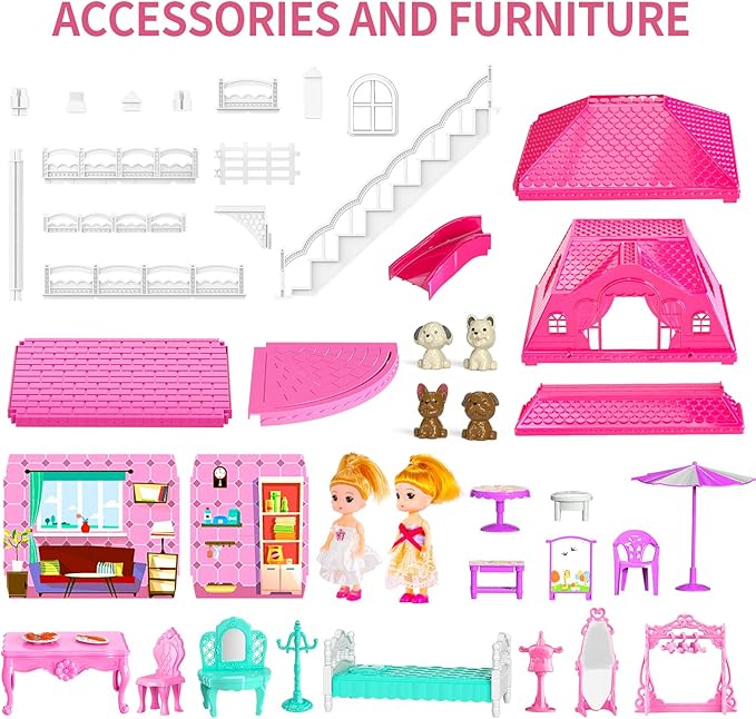 TEMI Villa Toys for 3-8 Years Old Girls - 3 Storeys 6 Rooms Indoor Playset with 2 Dolls, Furniture and Accessories, Pretend Girls Plays, Building Toys, Gifts for Kids 3-5