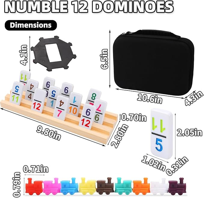 Mexican Train Dominoes Set Numbers and 4 Wooden Racks,Double 12 Travel Domino Train Game with 91 Colored Tiles and Protable Case, Number Domino Set for Kids, Adults Family Board Team Games