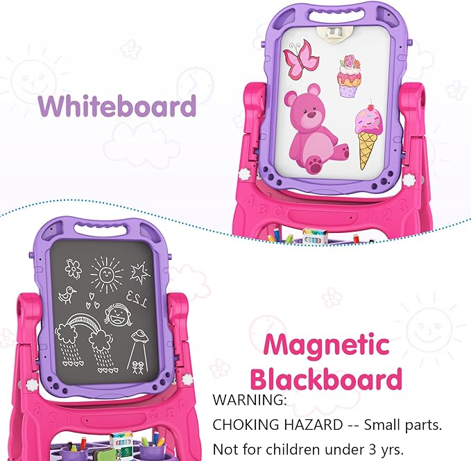 Amagoing Easel for Kids, Adjustable Standing Art Easel for Toddler, Double Drawing Board with Painting Accessories, Birthday Christmas Gift for Little Boys and Girls, Middle Size Purple