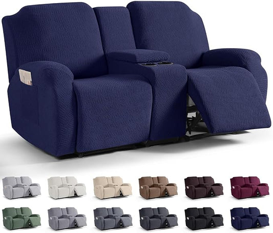 KinCam Loveseat Recliner Covers with Middle Console Slipcover, Recliner Sofa Covers 2 Seat Couch Cover Stripe Jacquard Furniture Protector Covers with Elastic Bottom for Kids, Pets (Dark Blue)