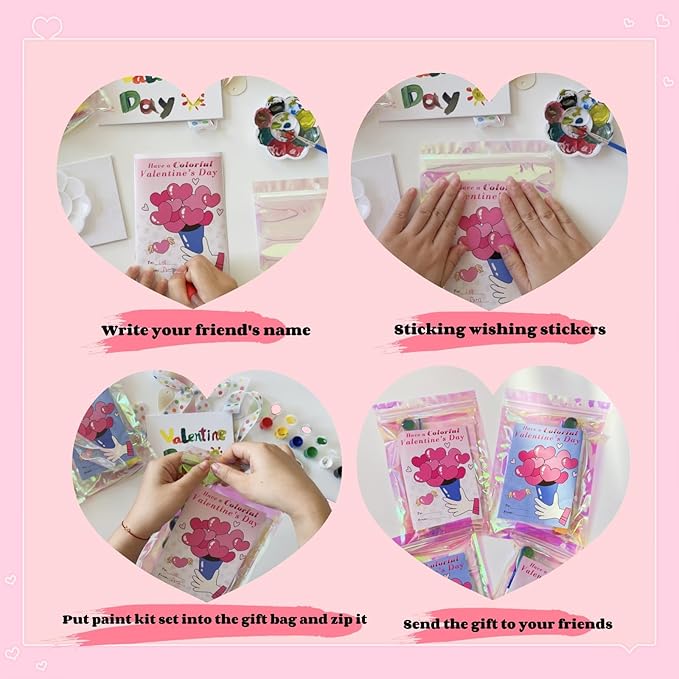16pcs Valentines Day Gifts Cards for Kids Class Valentine Exchange Classroom Gifts School Party Favors Watercolor Acrylic Paint Kit Set Valentines with Drawing Canvas Palette Brush Wishes Stickers