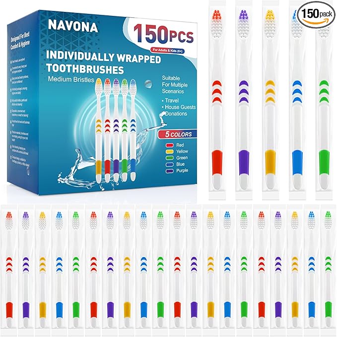 Navona 150 PCS Individually Wrapped Bulk Toothbrush Pack, Disposable Toothbrush, Soft Toothbrush for Adult or Kid, Soft Bristle Toothbrush, Ergonomics Handle, Perfect for Travel, Hotel, Donation