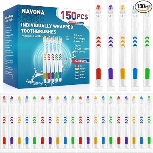 Navona 150 PCS Individually Wrapped Bulk Toothbrush Pack, Disposable Toothbrush, Soft Toothbrush for Adult or Kid, Soft Bristle Toothbrush, Ergonomics Handle, Perfect for Travel, Hotel, Donation