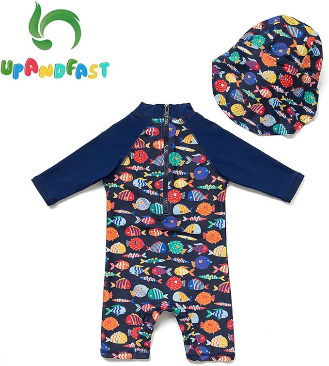 upandfast Baby/Toddler Swimsuit UPF 50+ Sun Protection One Piece Zipper Bathing Suit with Sun Hat Infant Beach Swimwear