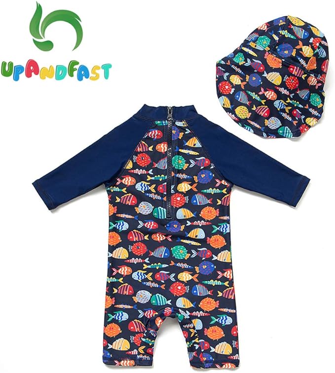 upandfast Baby/Toddler Swimsuit UPF 50+ Sun Protection One Piece Zipper Bathing Suit with Sun Hat Infant Beach Swimwear