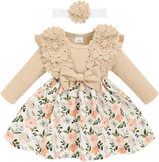 Baby Girl Dress Fall Flower Ruffle with Lace Headband Toddler Girls 3M-3T Infant Dresses Winter Baby Girl Clothes