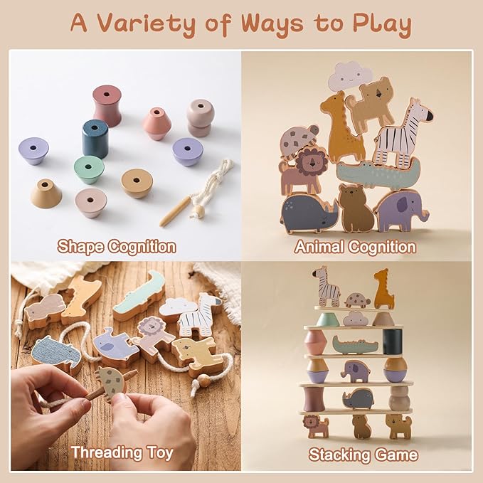 Wooden Animals Threading Toys Lacing Beads for Toddlers 2 3 4 5 Years Old, Stacking Blocks Balance Toy, Educational Preschool Learning Toy, Montessori Activities for Boys & Girls