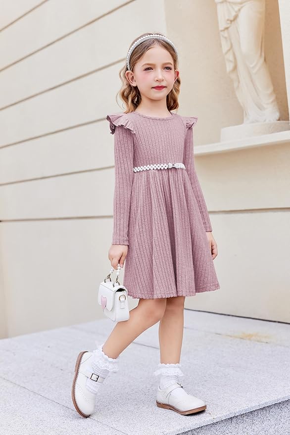 Arshiner Toddler Girl Dress Baby Girls Knitted Ruffle Sleeve Pocket Dresses A-Line Flared Fall Winter Clothes for 2-8 Years