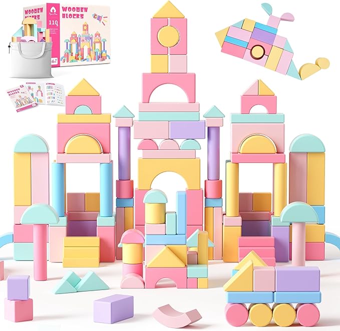 VigorFun 110 PCS Wooden Building Blocks Set - Construction Stacking Toy with Storage Bag, Montessori Preschool Toys for Toddlers Kids Birthday Gifts Ages 3+