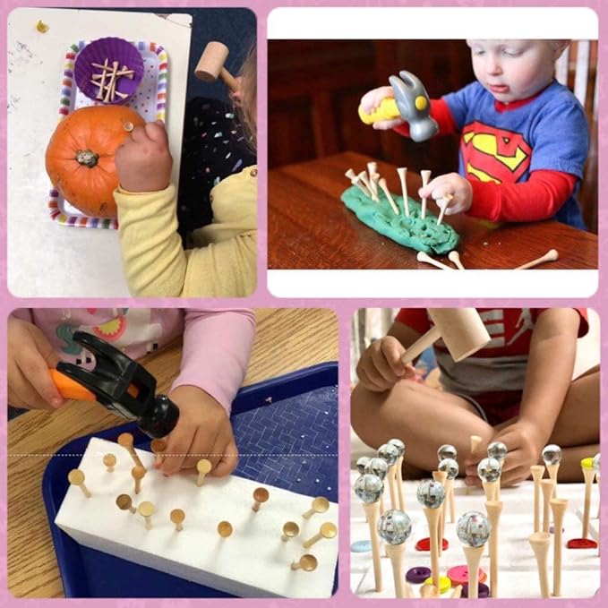 Hammering and Pounding Toys for Kids Include 1 Wood Hammer and 30 Bamboo Nails Improve Fine Motor Skills Friendly Natural Wooden Educational Montessori Toy for Childs DIY Birthday Gift for 4+