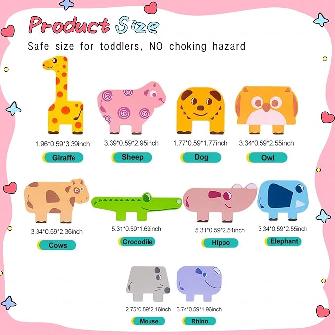 Toddler Toys Wooden Animal Blocks - Sorting & Stacking Montessori Toys for 3 4 Year Old Boys Girls, 10Pcs Wood Blocks with Storage Bag, Kids Educational Puzzle Balance Toys Birthday