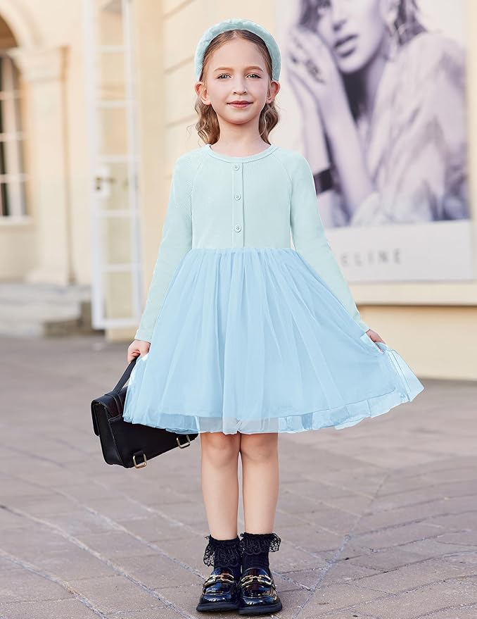 Arshiner Toddler Girls Tutu Dress Long Sleeve Fall Winter Button Front Party Tulle Dresses 2-8Y