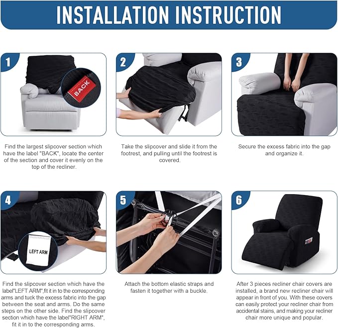 TAOCOCO Oversized Recliner Cover Stretch Recliner Chair Covers, Jacquard Reclining Chair Cover, Furniture Protector Sofa Slipcovers Couch Covers with Elastic Bottom for Kids, Pets (Black)