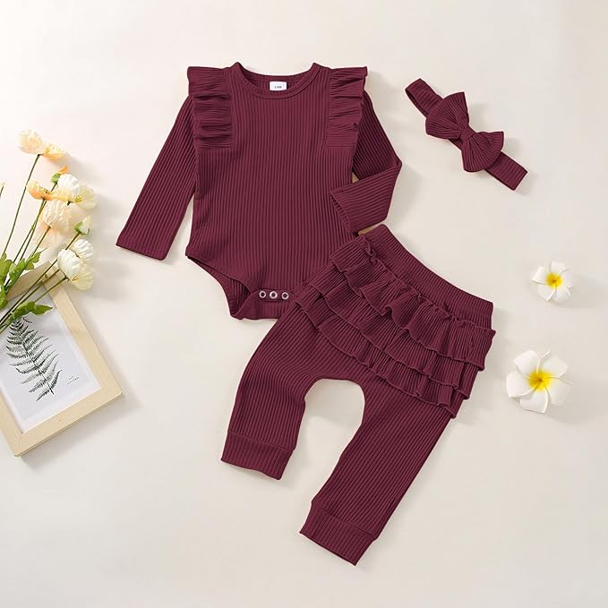 Baby Girl Clothes Newborn Infant Fall Winter Outifts Ribbed Ruffle Long Sleeve Romper Pant Outfit Set 3pcs 0-18Months