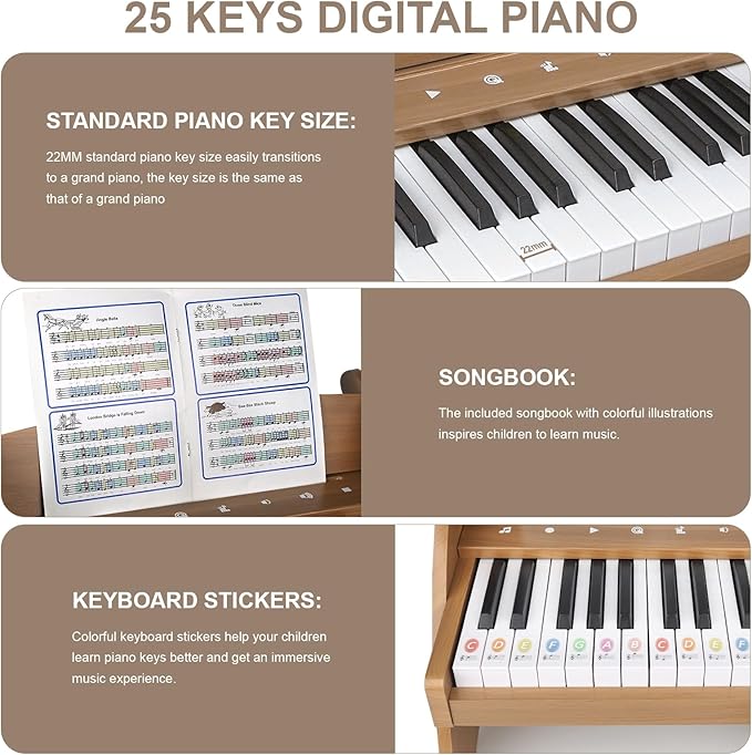 Joyreal Kids Piano Keyboard - 25 Keys Digital Piano Toys with Keyboard Sticker and Touch Sensitive Control Panel,Music Educational Instrument Toy,Wooden Mini Piano Gifts for Girls Boys Ages 3+