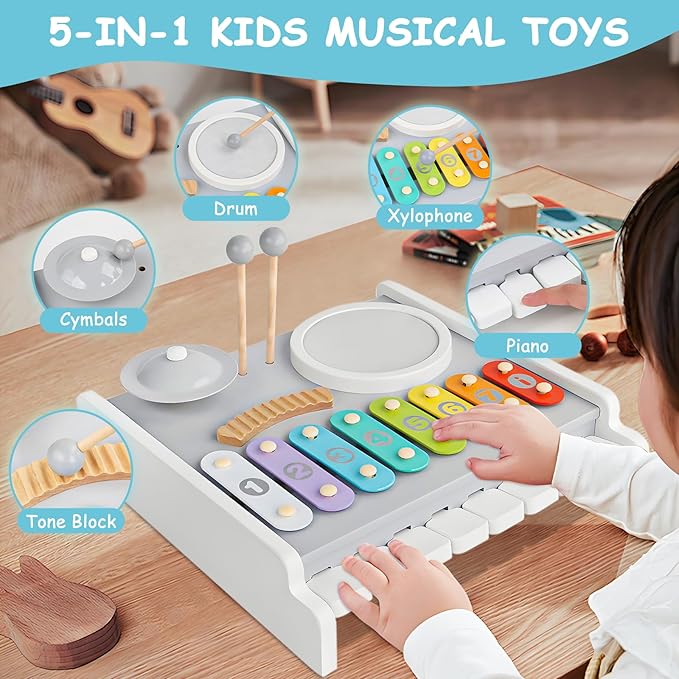 Kids Drum Set Musical Instruments - 5 in 1 Montessori Toys for Toddler Baby, Wooden Music Kit with Piano Keyboard Xylophone, Preschool Educational Sensory Toys Birthday Gifts for Boys Girls 1-3+