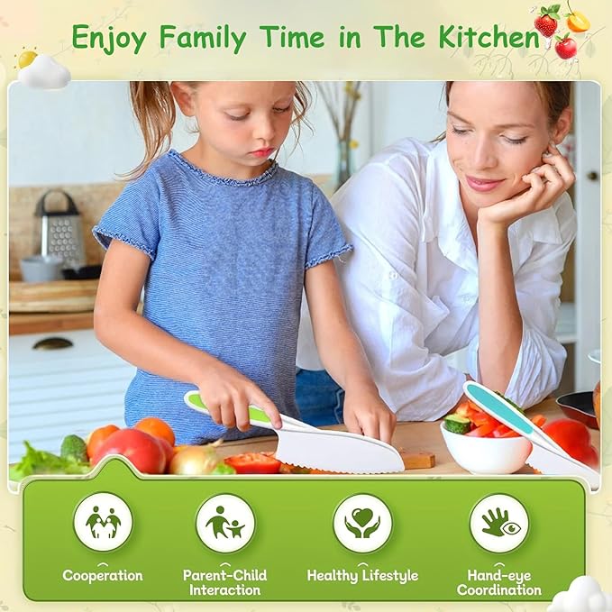 29PCS Kitchen Tools for Toddlers Kids Cooking Sets Safe Knife Set for Real Cooking Include Toddler Knives Cutting Board Bear Sandwich Cutter Fruit Crinkle Cutter Peeler Gloves Fruit Forks for Birthday