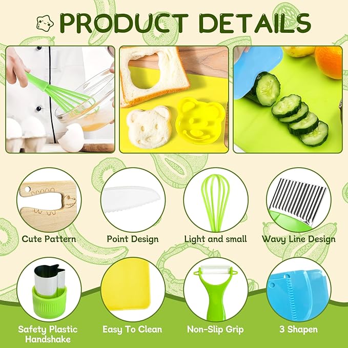 17 Pieces Kids Safe Knife Set for Real Cooking Child-Friendly Plastic Chef Tools Montessori Kitchen Toys for Toddlers with Bright Colors Gifts for Boys and Girls