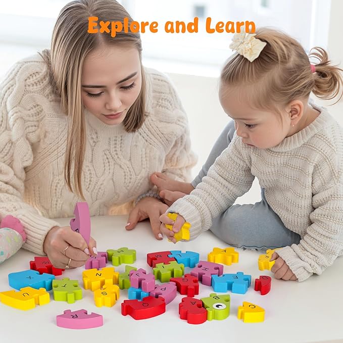 LovesTown Wooden Alphabet Puzzle for Kids, Educational Rooster Shape Letter Learning Blocks, 26 Pieces
