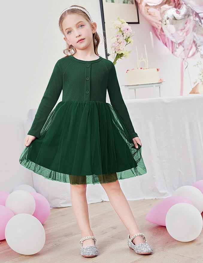 Arshiner Toddler Girls Tutu Dress Long Sleeve Fall Winter Button Front Party Tulle Dresses 2-8Y