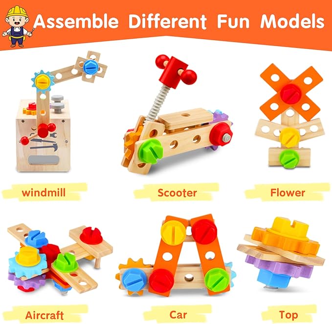Wooden Tool Set Montessori Toys for 2 3 4 5 Year Old Boy, 29Pcs Stem Toys Toddler Educational Toys Age 2-3, Tool Bench Pretend Play Construction Learning Toys for Toddler Birthday Gifts