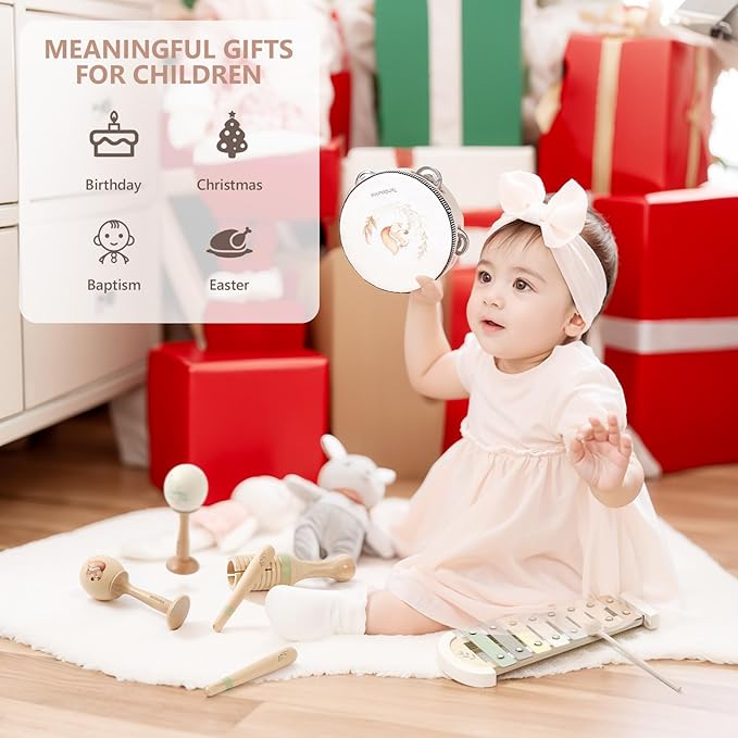 Baby Musical Instruments Set | Montessori Musical Toys for Toddlers 1-3 | Wooden Neutral Colors Percussion Instruments Set with Modern Boho Xylophone | Kids Preschool Educational Birthday Gifts