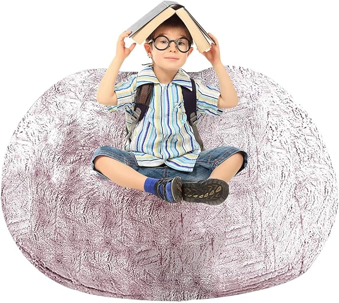 BCU Bean Bag Cover Comfy Beanbag Chair for Adults Without Filler Faux Fur Floor Chair Lazy Sofa Cover Comfy for Living Room Chairs, Silver Red, 3.5FT