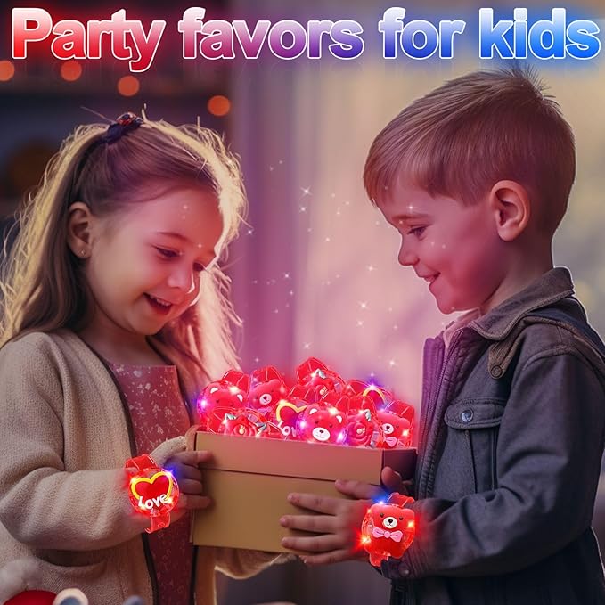 AMENON 24 Pack Valentines LED Bracelets Valentine Gifts Toys Party Favor for Kids Valentine Day Cards Heart with Flashing Light Up Bracelets Glow in the Dark for Valentine Classroom School