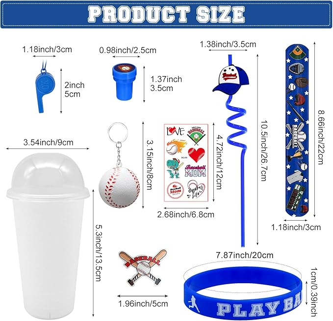 146 Pcs Baseball Party Favors, Sports Party Supplies with Cup Straw Baseballl Keychain Tattoo Sticker Slap Bracelet Whistle Treat Bag Gifts for Classroom Rewards Sports Birthday Party (Baseball)